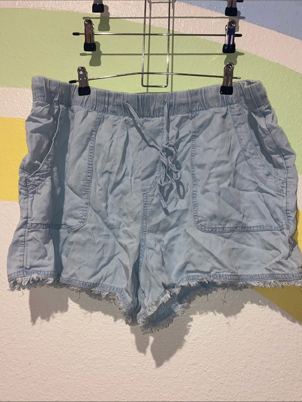 Time and Tru Light Blue High-Rise Drawstring Frayed Hem Shorts